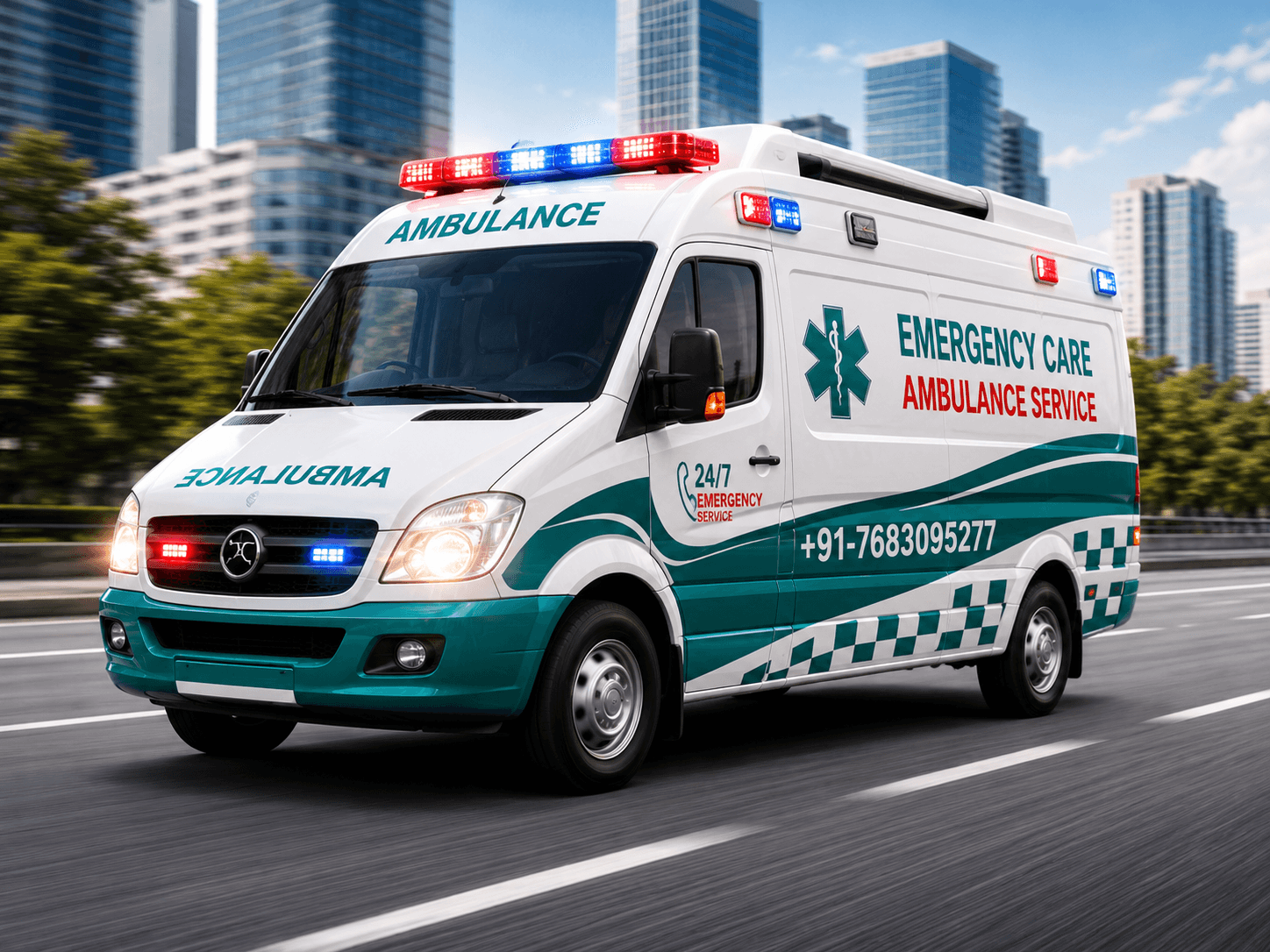 24/7 Ambulance Service vehicle from Emergency Care Ambulance Services providing emergency medical transport in India