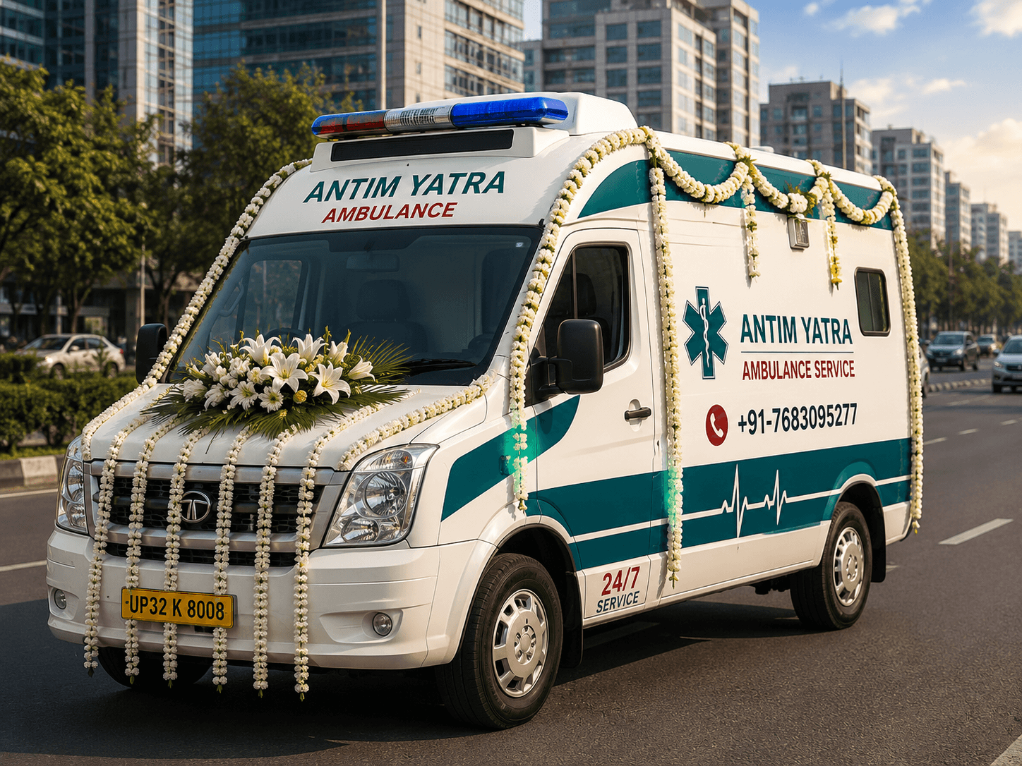Antim Yatra Ambulance Service vehicle from Emergency Care Ambulance Services providing emergency medical transport in India