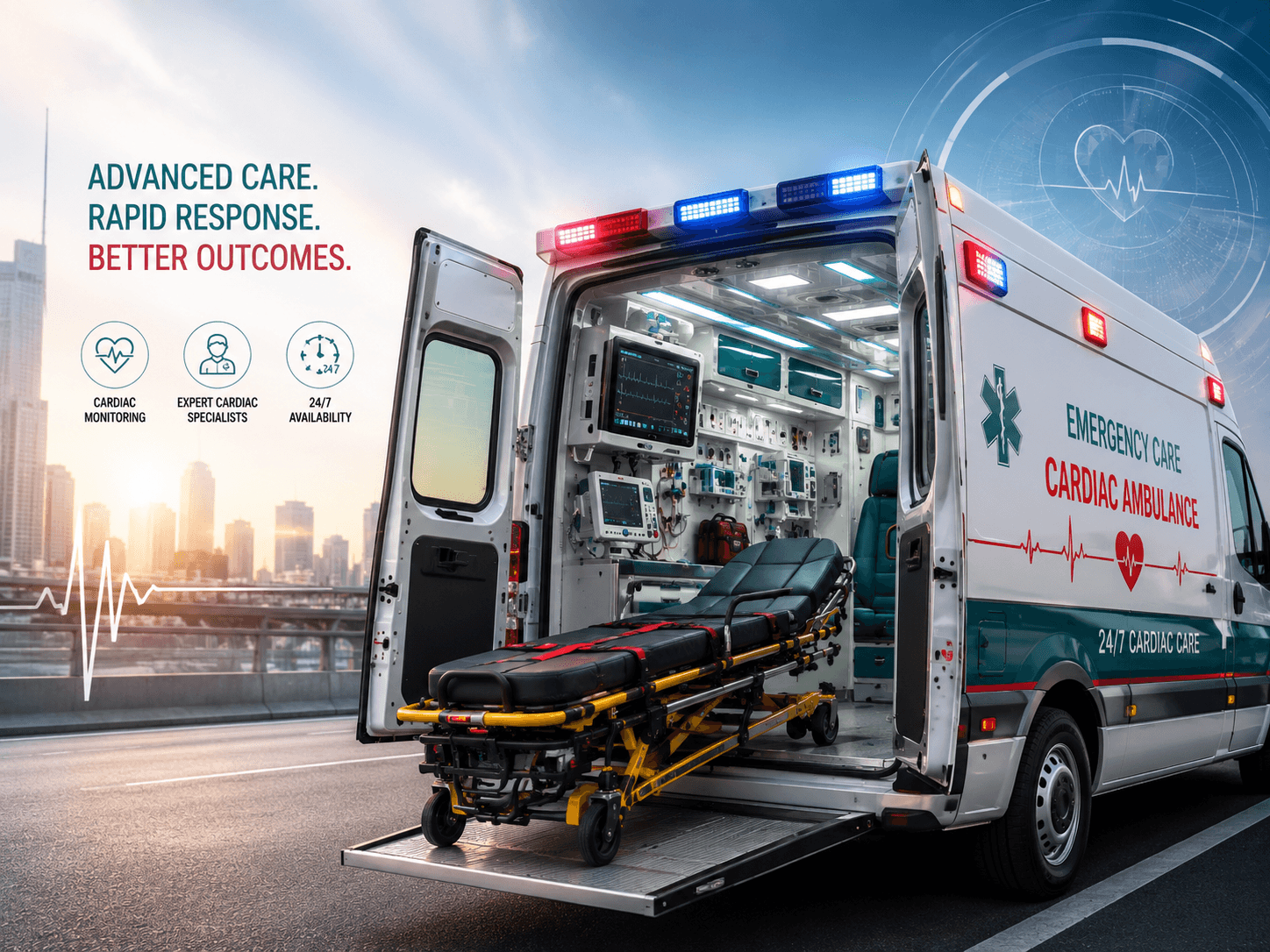 24/7 Cardiac Ambulance Service vehicle from Emergency Care Ambulance Services providing emergency medical transport in India