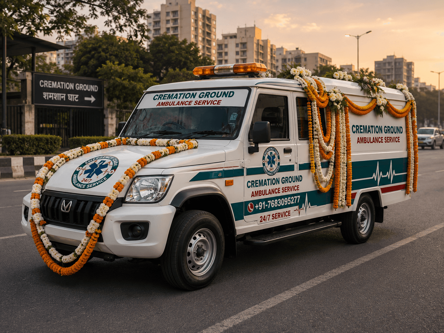 Cremation Ground Ambulance Service vehicle from Emergency Care Ambulance Services providing emergency medical transport in India