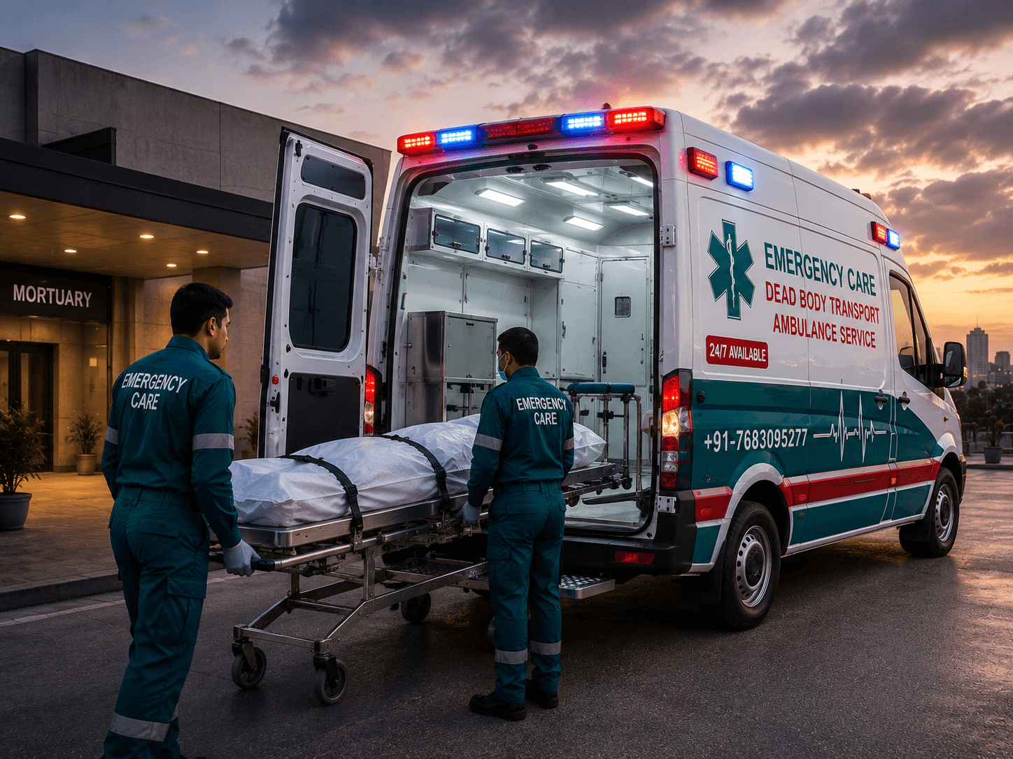 24/7 Dead Body Transport Service vehicle from Emergency Care Ambulance Services providing emergency medical transport in India