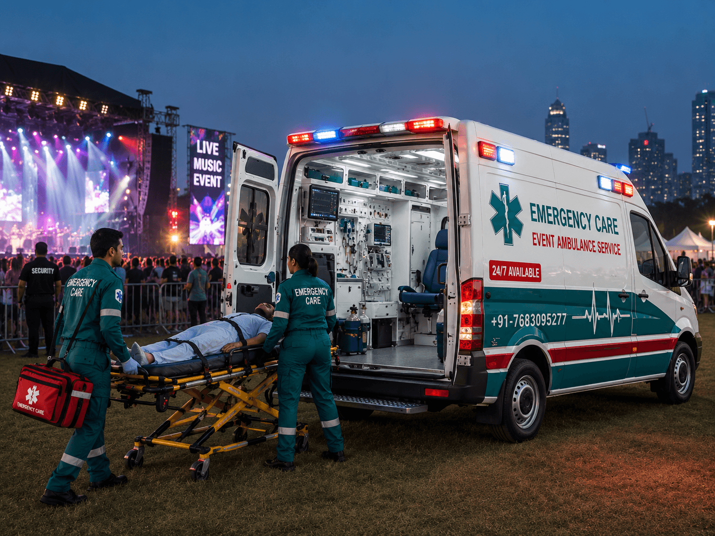 Standby Event Ambulance Service vehicle from Emergency Care Ambulance Services providing emergency medical transport in India