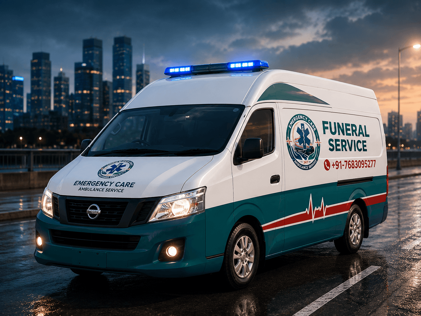 Funeral Ambulance Service vehicle from Emergency Care Ambulance Services providing emergency medical transport in India
