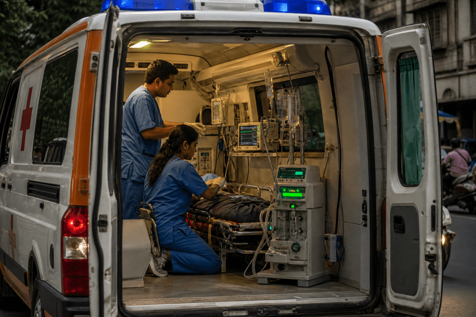 24/7 ICU Ambulance Service vehicle from Emergency Care Ambulance Services providing emergency medical transport in India