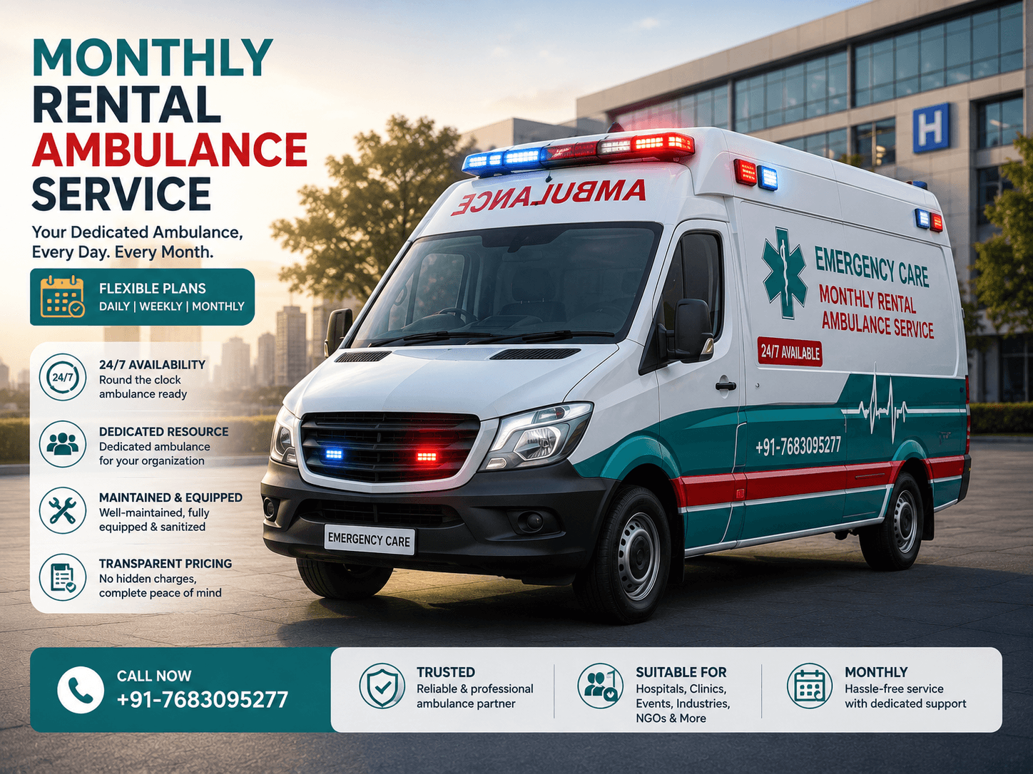 Monthly Rental Ambulance Service vehicle from Emergency Care Ambulance Services providing emergency medical transport in India
