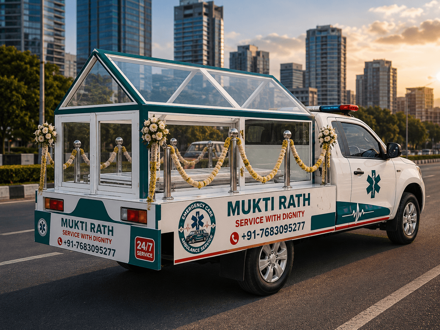 Traditional Mukti Rath Service vehicle from Emergency Care Ambulance Services providing emergency medical transport in India
