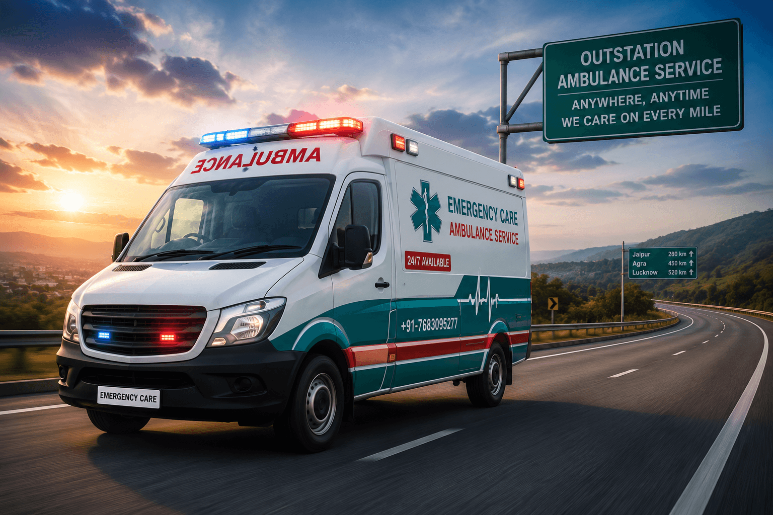 24/7 Outstation Ambulance Service vehicle from Emergency Care Ambulance Services providing emergency medical transport in India