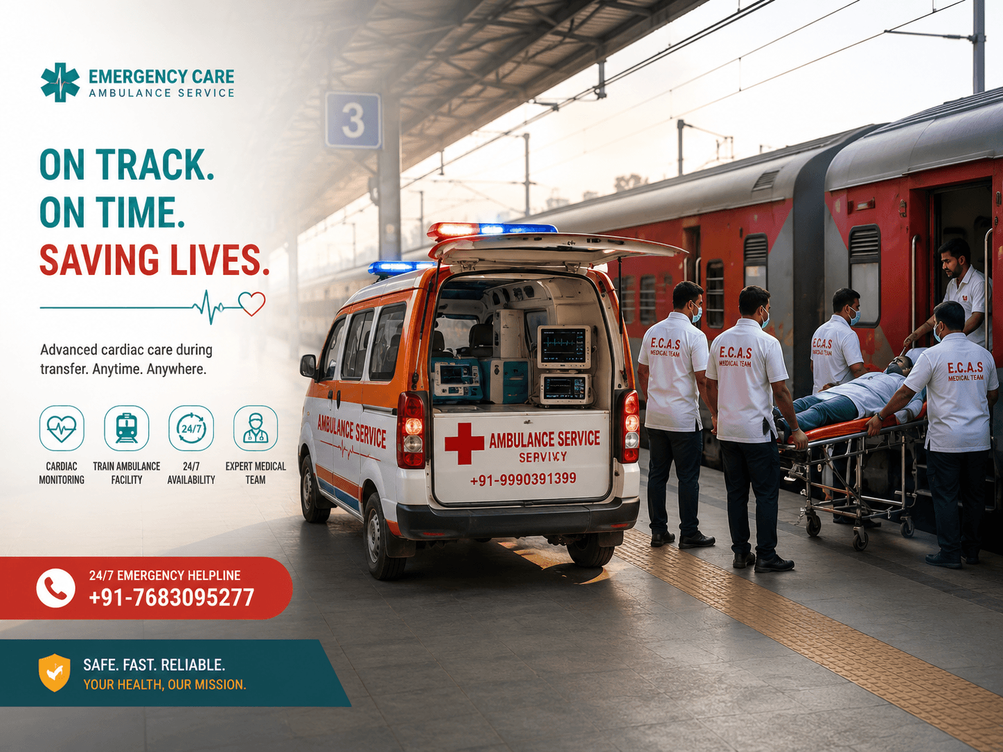 Train Ambulance Service vehicle from Emergency Care Ambulance Services providing emergency medical transport in India