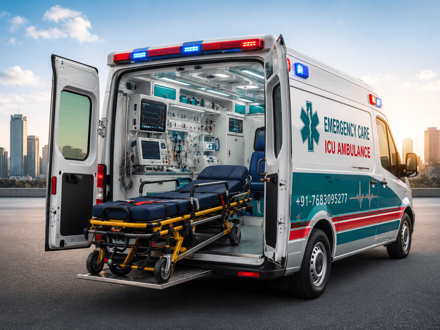 24/7 Ventilator Ambulance Service vehicle from Emergency Care Ambulance Services providing emergency medical transport in India